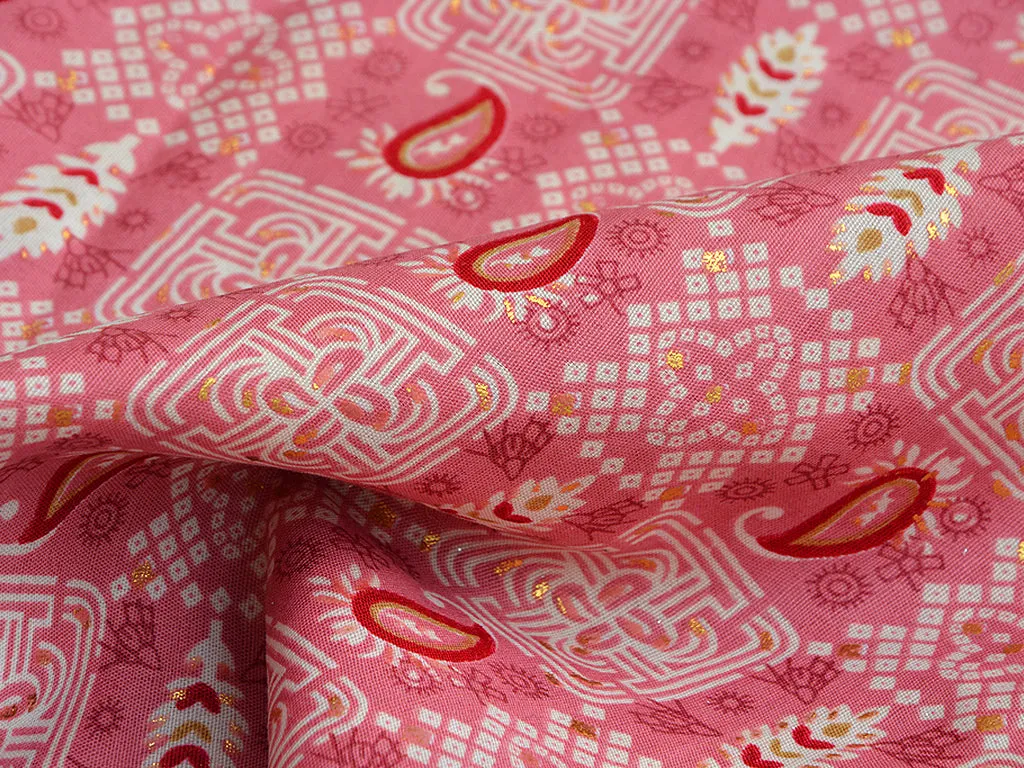 Salmon Pink Abstract Digital Printed Slub Cotton Fabric