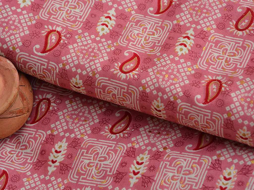 Salmon Pink Abstract Digital Printed Slub Cotton Fabric