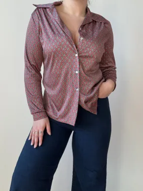 Vintage Pink Paisley Silky Button-Up Shirt (L)