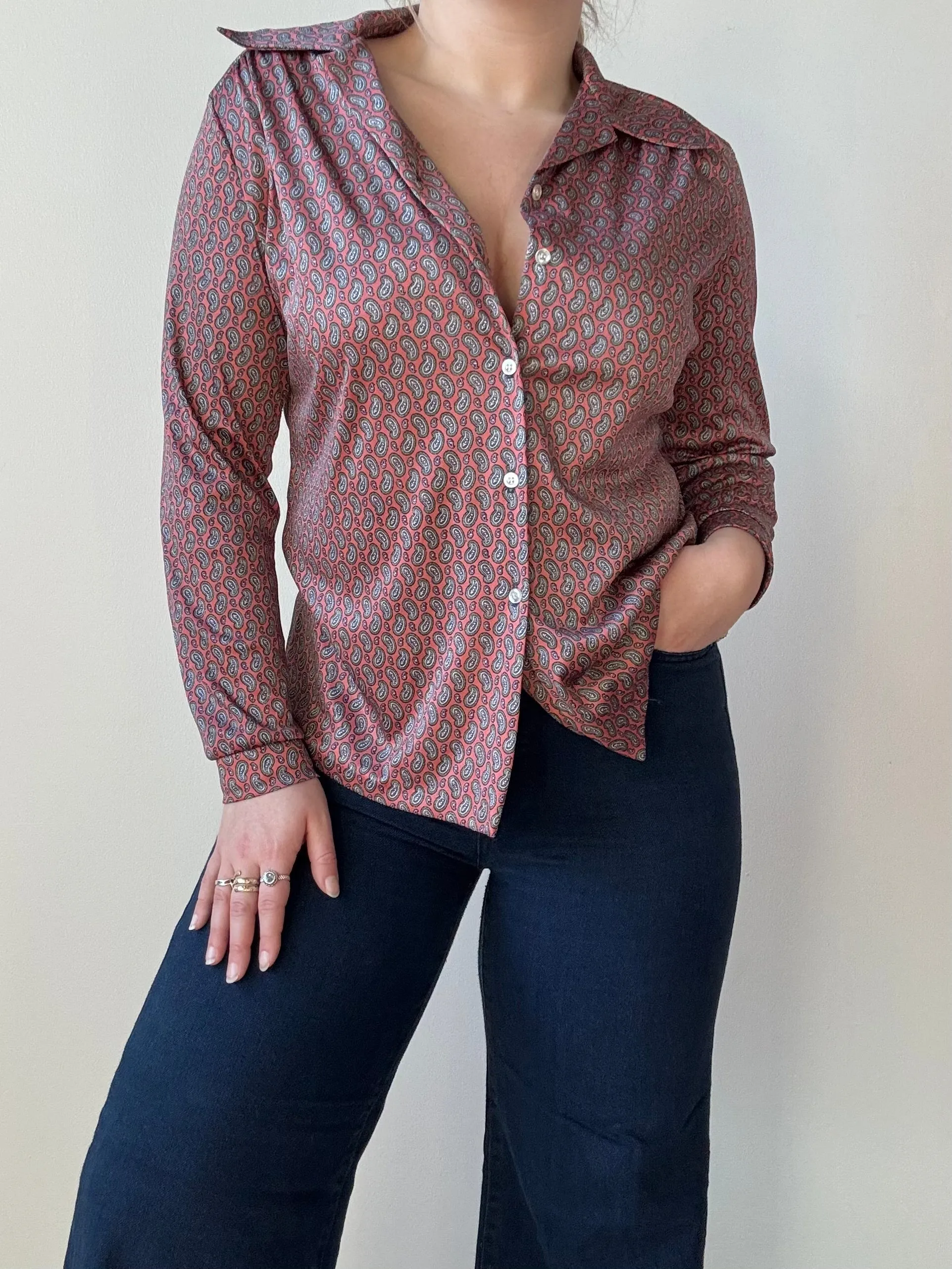 Vintage Pink Paisley Silky Button-Up Shirt (L)