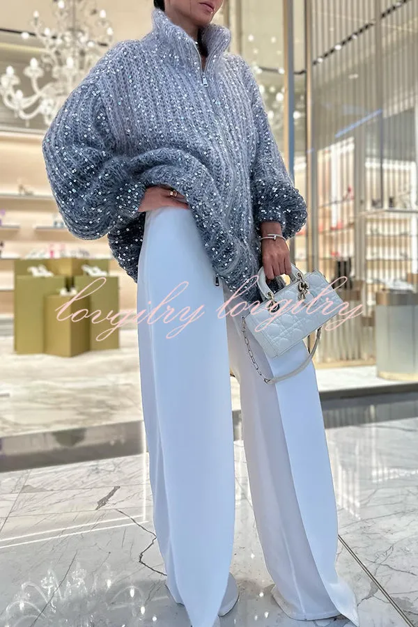 Warm Shining Heart Knit Sequin Balloon Sleeve Zipper Neck Loose Cardigan