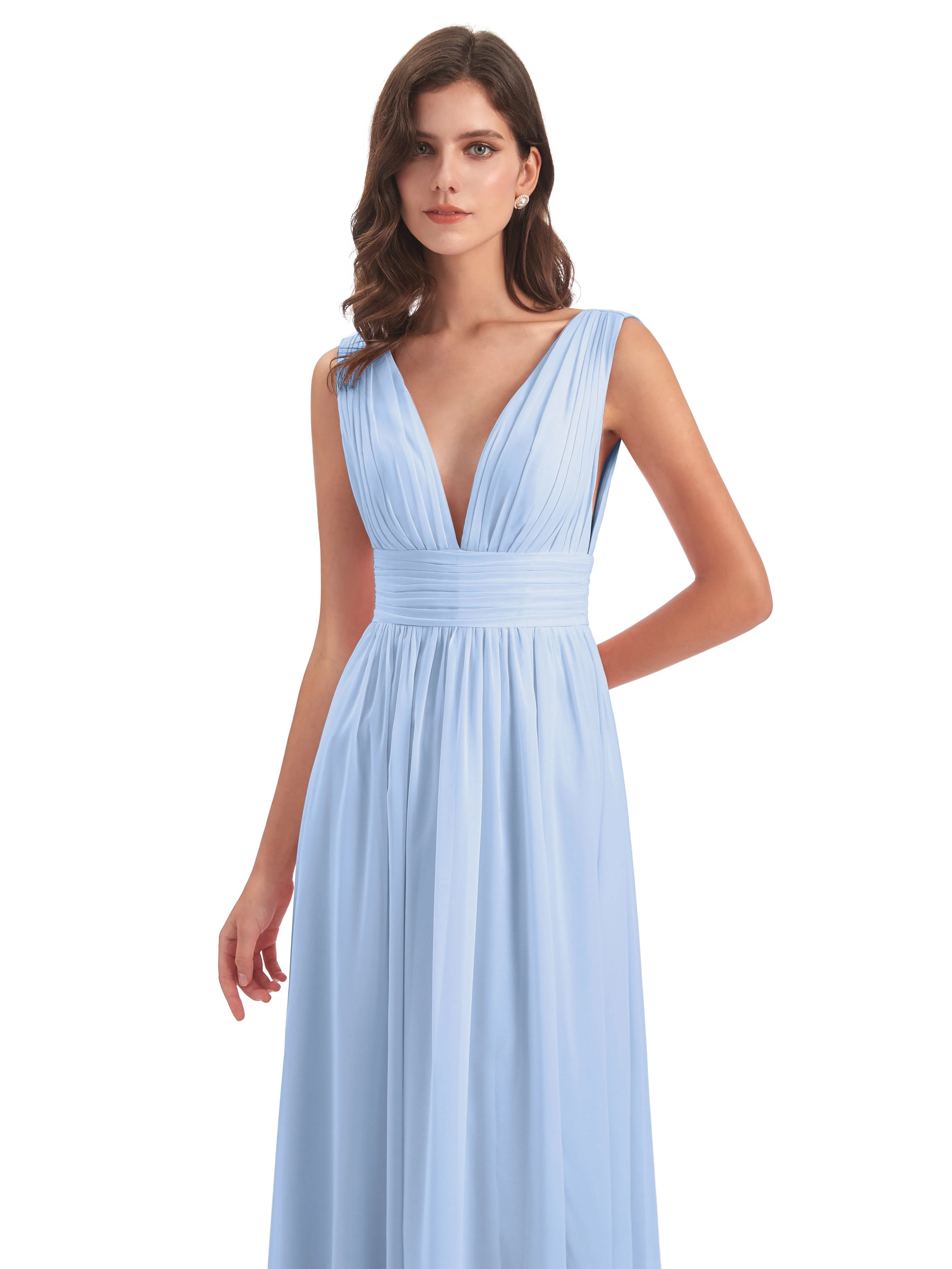 Wedding Sky Blue Bridesmaid Dresses Charming Chiffon V Neck Split Long Bridesmaid Dresses