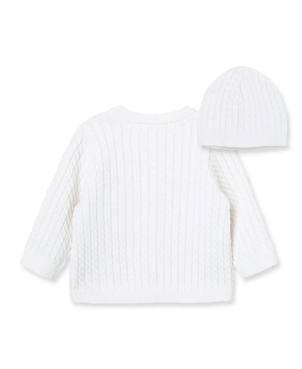 White Cable Sweater and Hat